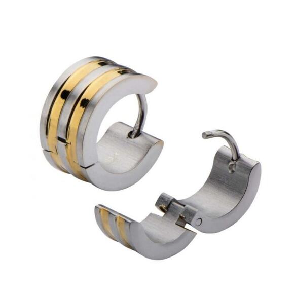 INOX Jewelry Stainless Steel Huggies with Gold IP Alternate Lines - Picture 1 of 5